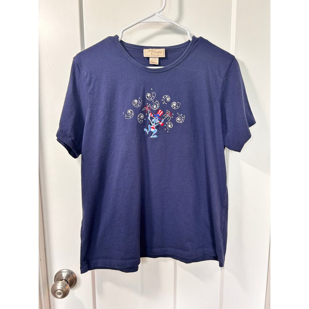 VTG M C Sportswear Women's Patriotic Tee Top Rabbit Labor Day July Blue SZ Large